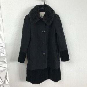 Kate Spade Womens Wool Blend Coat Sz 2 Black Velvet Trim Removable Collar